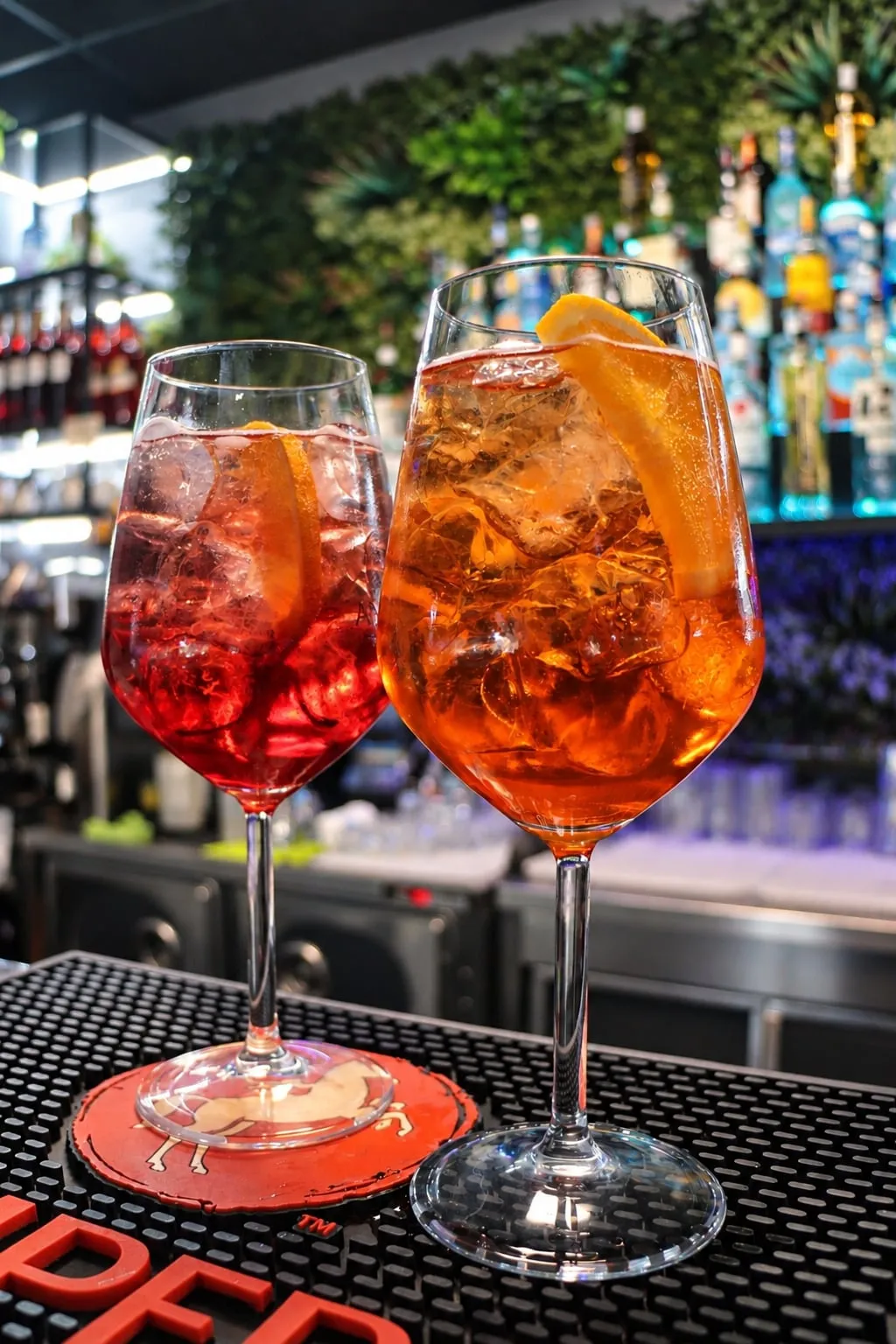 Due spritz con la fetta d’arancia sul bancone del bar